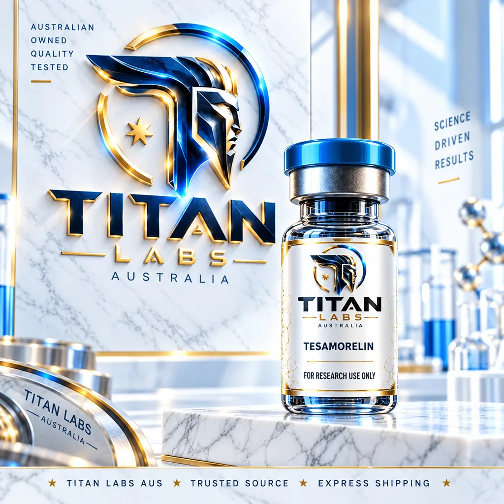 Tesamorelin Titan Labs Australia clear vial with Titan Blue cap