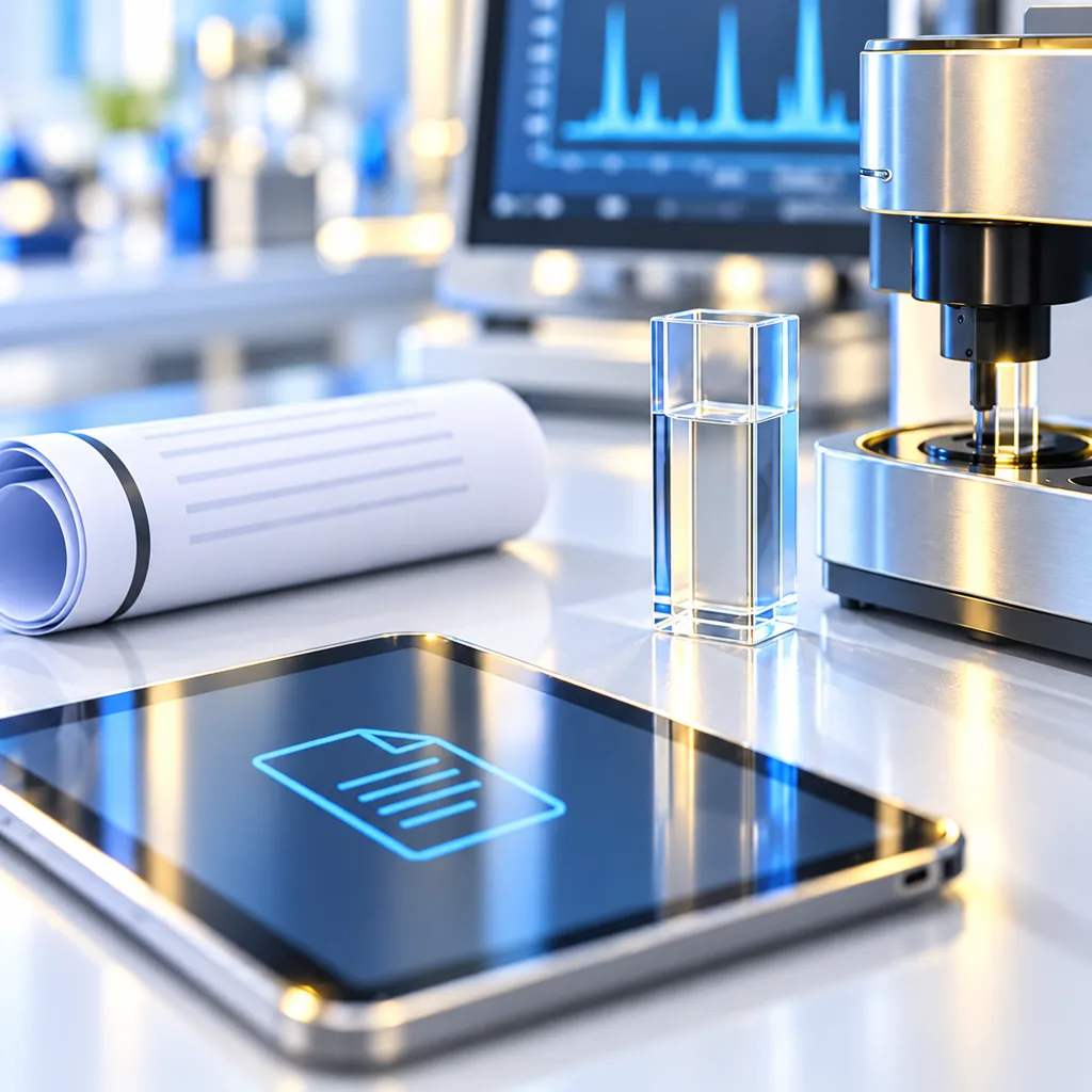 Illustration of laboratory analysis equipment beside a clear sample cell, printed report and tablet displaying a document symbol.