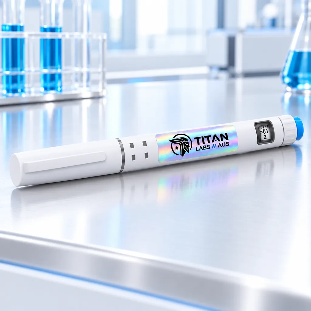 Illustration of a white Titan Labs pen with blue end