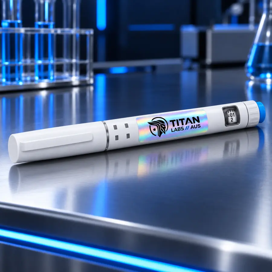 Illustration of a white Titan Labs pen with blue end