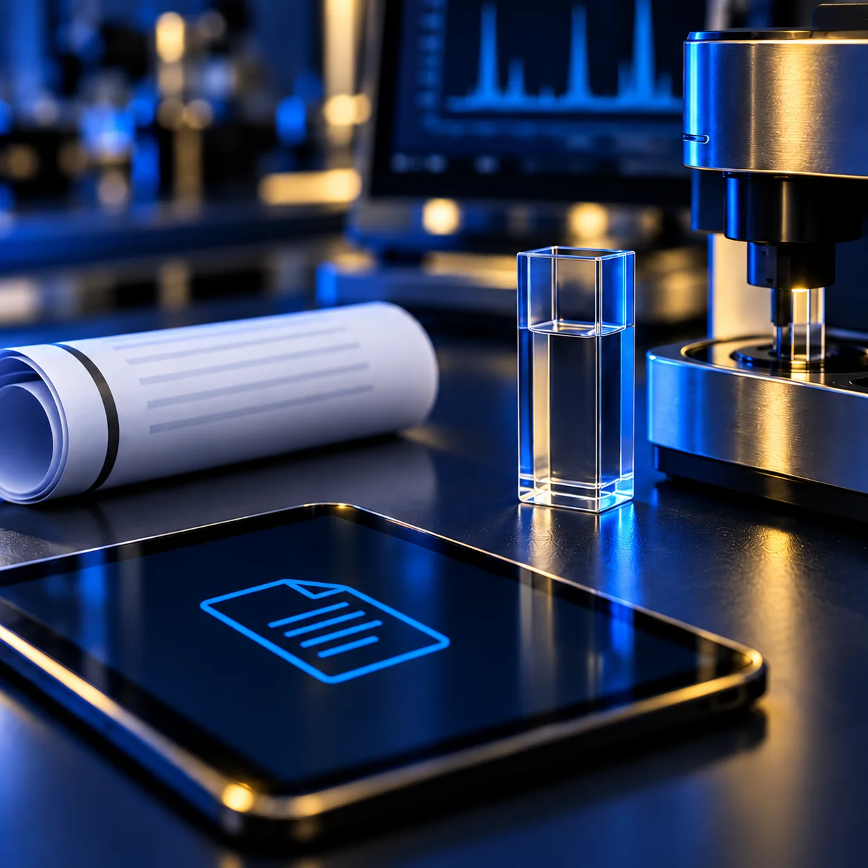 Illustration of laboratory analysis equipment beside a clear sample cell, printed report and tablet displaying a document symbol.